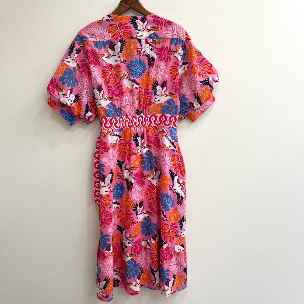 Printfresh Gabriela Midi Dress in Pelican Palms Pink Blue Wrap Style Large - Picture 4 of 16